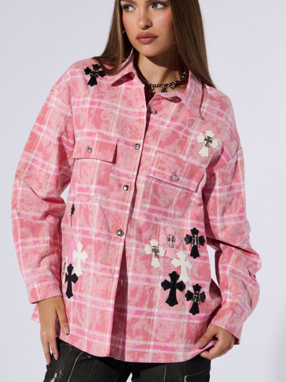 Akira pink DONT GET ME GOING PLAID TOP cross detail size small